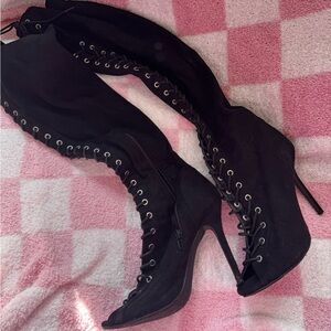 Long Knee High Lace Up Black Suede Heeled Boots
